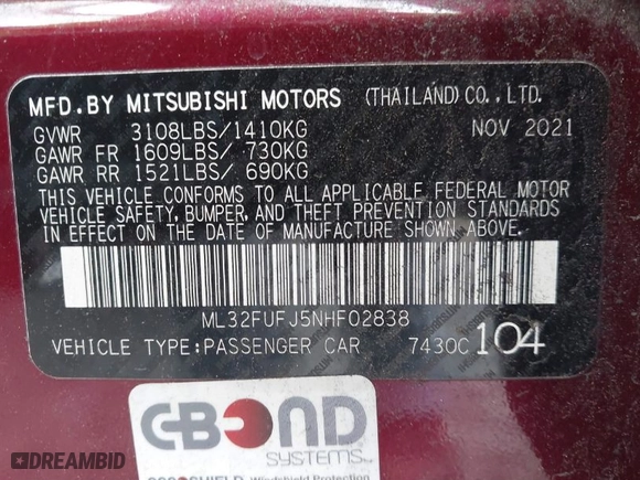 2022 Mitsubishi Mirage G4 ES with VIN ML32FUFJ5NHF02838, listed as a IAAI auction lot 41468834 with 83,836 mi miles. Bid and sale history available at carsss.com. Image 9.