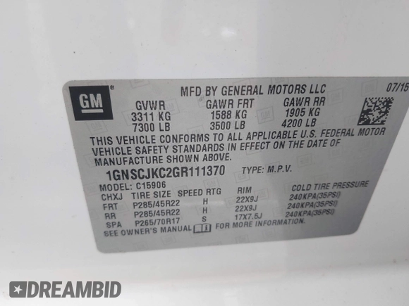 2016 Chevrolet Suburban LTZ with VIN 1GNSCJKC2GR111370, listed as a IAAI auction lot 40742857 with 199,753 mi miles and . Bid and sale history available at DreamBid. Image 9.