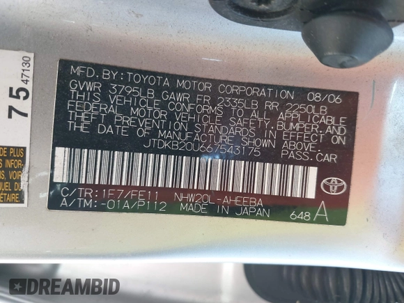 2006 Toyota Prius z VIN JTDKB20U667543175, wystawiony jako IAAI lot #42313159 z przebiegiem 277 637 mil mil oraz . Historia ofert i sprzedaży dostępna na DreamBid. Obrazek 9.