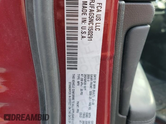 2022 Jeep Grand Cherokee WK Laredo X with VIN 1C4RJFAG5NC150291, listed as a Copart auction lot 82338664 with 72,215 mi miles and Salvage Title. Bid and sale history available at carsss.com. Image 14.