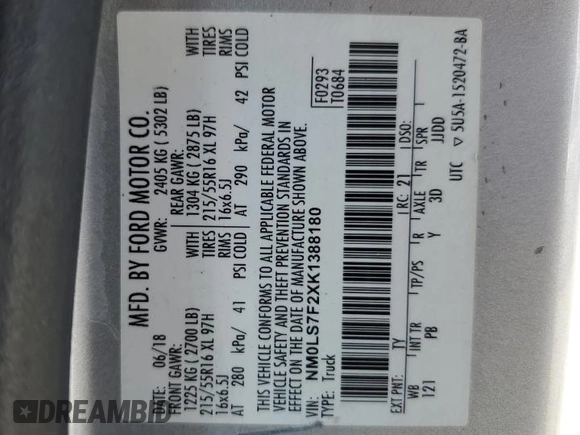 2019 Ford Transit Connect XLT z VIN NM0LS7F2XK1388180, wystawiony jako Copart lot #57885165 z przebiegiem Nie podano mil oraz Szkoda całkowita • Salvage title. Historia ofert i sprzedaży dostępna na DreamBid. Obrazek 13.