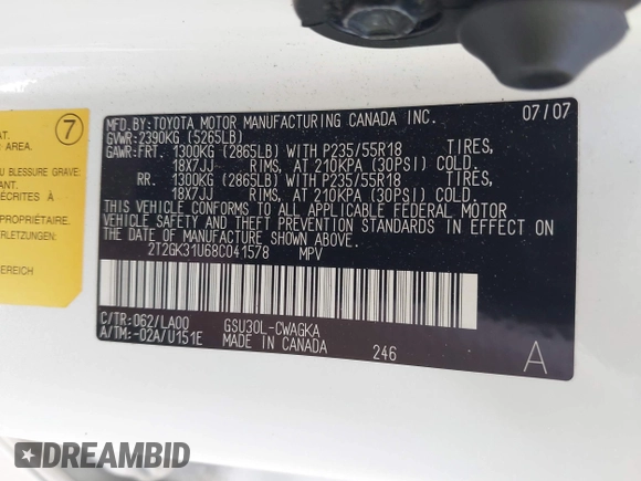 2008 Lexus RX 350 with VIN 2T2GK31U68C041578, listed as a IAAI auction lot 42257453 with 187,793 mi miles and . Bid and sale history available at DreamBid. Image 9.