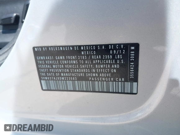 2013 Volkswagen Jetta Hybrid SE с VIN 3VW637AJXDM223583, выставлен на аукционе IAAI как лот 42246241 с пробегом 44 409 миль миль и . История ставок и продаж доступна на DreamBid. Изображение 9.