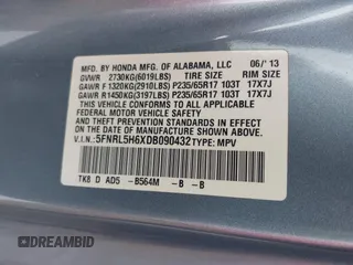 2013 Honda Odyssey EX-L с VIN 5FNRL5H6XDB090432, выставлен на аукционе IAAI как лот 42468409 с пробегом Не указан миль и . История ставок и продаж доступна на DreamBid. Изображение 9.