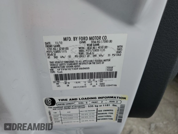 2013 Ford F-150 XL with VIN 1FTFW1ET3DFA65655, listed as a Copart auction lot 54787475 with 174,256 mi miles and Salvage title. Bid and sale history available at DreamBid. Image 12.