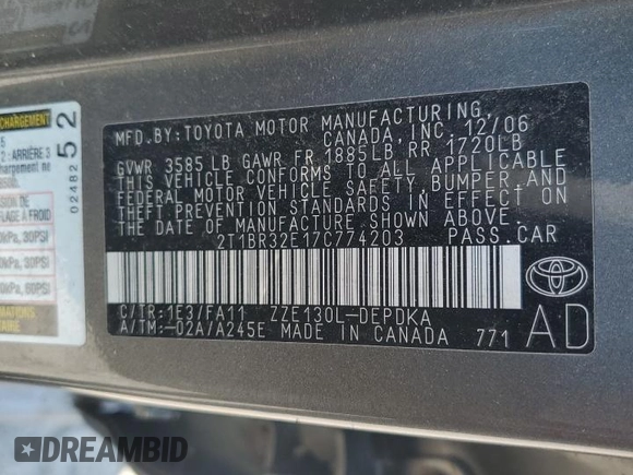 2007 Toyota Corolla CE with VIN 2T1BR32E17C774203, listed as a Copart auction lot 66379895 with 231,030 mi miles and Clean title. Bid and sale history available at DreamBid. Image 12.