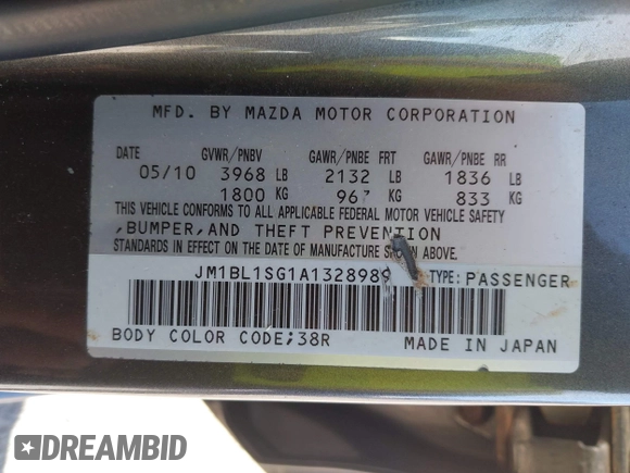 2010 Mazda 3 i Touring with VIN JM1BL1SG1A1328989, listed as a IAAI auction lot 42162425 with 84,820 mi miles and . Bid and sale history available at carsss.com. Image 9.