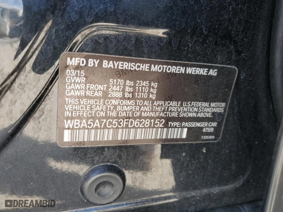 2015 BMW 5 Series 528i xDrive with VIN WBA5A7C53FD628152, listed as a Copart auction lot 48177425 with 83,784 mi miles and Salvage Title. Bid and sale history available at carsss.com. Image 13.