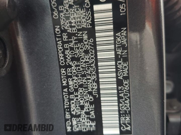 2010 Toyota Camry with VIN JTNBF3EK5A3002776, listed as a Copart auction lot 51957745 with 78,394 mi miles and Salvage Title. Bid and sale history available at DreamBid. Image 12.