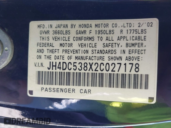 2002 Acura RSX Manual с VIN JH4DC538X2C027178, выставлен на аукционе IAAI как лот 41867235 с пробегом 174 185 миль миль и . История ставок и продаж доступна на DreamBid. Изображение 9.