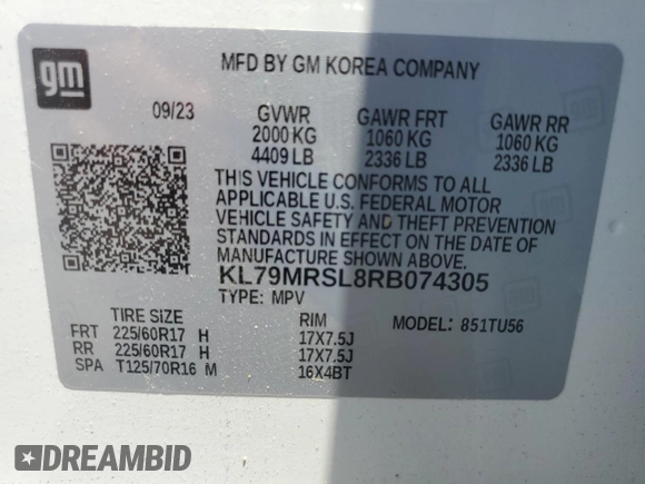 2024 Chevrolet TrailBlazer LT with VIN KL79MRSL8RB074305, listed as a Copart auction lot 60099984 with 1,051 mi miles and Salvage Title. Bid and sale history available at DreamBid. Image 12.