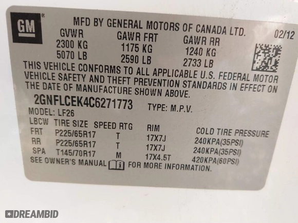 2012 Chevrolet Equinox LS with VIN 2GNFLCEK4C6271773, listed as a IAAI auction lot 41892306 with 99,395 mi miles. Bid and sale history available at carsss.com. Image 9.