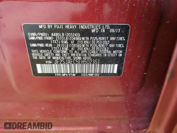 2014 Subaru Forester Premium z VIN JF2SJAEC5EH502351, wystawiony jako Copart lot #54248735 z przebiegiem 45 962 mil mil oraz Szkody całkowita. Historia ofert i sprzedaży dostępna na DreamBid. Obrazek 13.