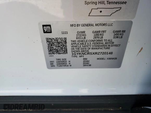 2024 Cadillac XT5 FWD Premium Luxury with VIN 1GYKNCRSXRZ720148, listed as a Copart auction lot 75116124 with 0 mi miles and Non Repairable. Bid and sale history available at carsss.com. Image 14.