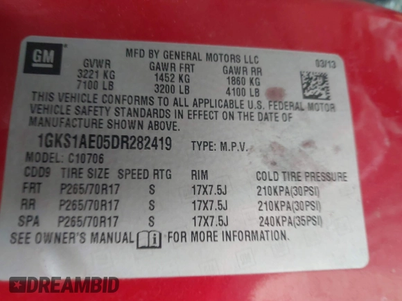 2013 GMC Yukon SLE with VIN 1GKS1AE05DR282419, listed as a IAAI auction lot 41223803 with 183,310 mi miles. Bid and sale history available at carsss.com. Image 9.