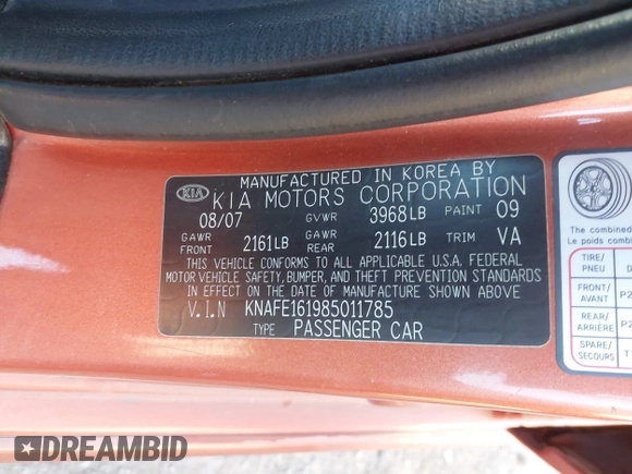 2008 Kia Spectra with VIN KNAFE161985011785, listed as a IAAI auction lot 41076914 with 49,912 mi miles and . Bid and sale history available at DreamBid. Image 9.
