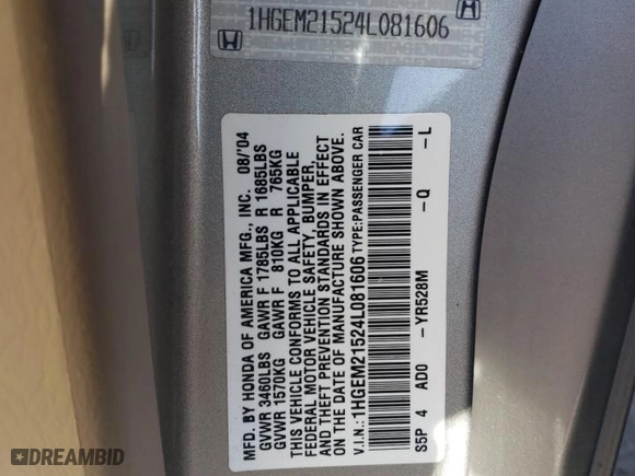 2004 Honda Civic LX with VIN 1HGEM21524L081606, listed as a Copart auction lot 75437704 with 77,457 mi miles and Salvage Title. Bid and sale history available at carsss.com. Image 12.