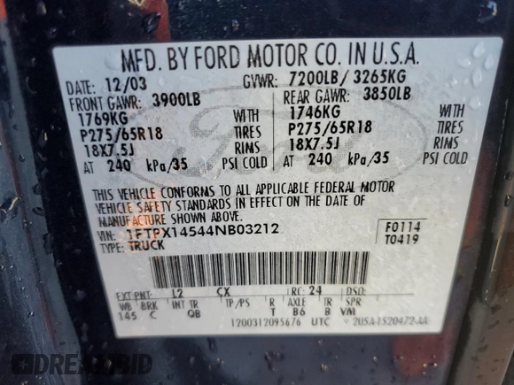 2004 Ford F-150 XLT with VIN 1FTPX14544NB03212, listed as a Copart auction lot 60994015 with 4,223,070 mi miles and Salvage title. Bid and sale history available at DreamBid. Image 12.