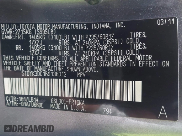 2011 Toyota Sienna XLE AAS with VIN 5TDYK3DC1BS136012, listed as a IAAI auction lot 41869637 with 231,418 mi miles. Bid and sale history available at carsss.com. Image 9.