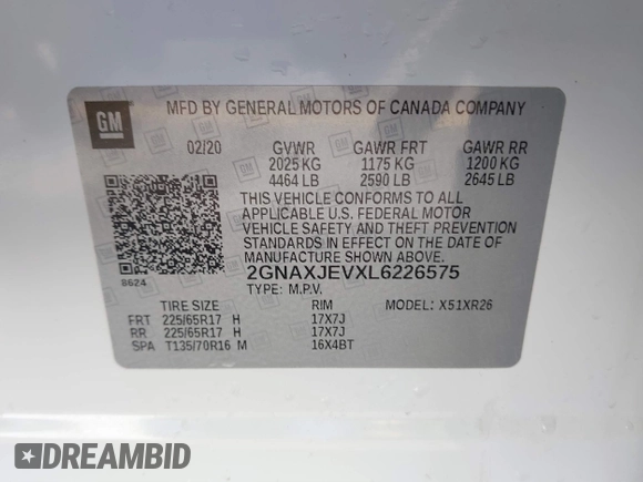 2020 Chevrolet Equinox LT with VIN 2GNAXJEVXL6226575, listed as a IAAI auction lot 41575293 with 43,601 mi miles and . Bid and sale history available at DreamBid. Image 9.
