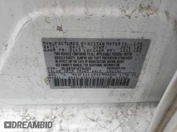 2019 Nissan Sentra S with VIN 3N1AB7AP1KY344824, listed as a Copart auction lot 52818505 with 81,651 mi miles and Salvage title. Bid and sale history available at DreamBid. Image 14.