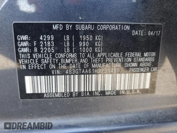 2017 Subaru Impreza with VIN 4S3GTAA61H3731450, listed as a Copart auction lot 60863675 with 88,376 mi miles and Salvage title. Bid and sale history available at DreamBid. Image 13.