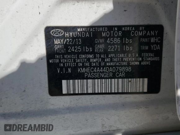2013 Hyundai Sonata with VIN KMHEC4A44DA079898, listed as a Copart auction lot 54021585 with 203,599 mi miles and Salvage Title. Bid and sale history available at carsss.com. Image 12.