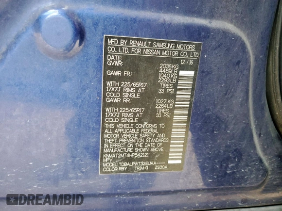 2017 Nissan Rogue SV with VIN KNMAT2MT4HP542121, listed as a Copart auction lot 57166995 with 83,850 mi miles and Clean title. Bid and sale history available at DreamBid. Image 13.