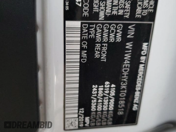 2019 Mercedes-Benz Sprinter Cargo Cargo with VIN W1W4EDHY3KT018518, listed as a Copart auction lot 83716524 with Not Provided miles and Salvage Title. Bid and sale history available at DreamBid. Image 12.