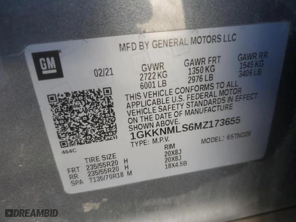 2021 GMC Acadia SLT with VIN 1GKKNMLS6MZ173655, listed as a Copart auction lot 44964875 with 127,669 mi miles and Salvage Title. Bid and sale history available at carsss.com. Image 13.