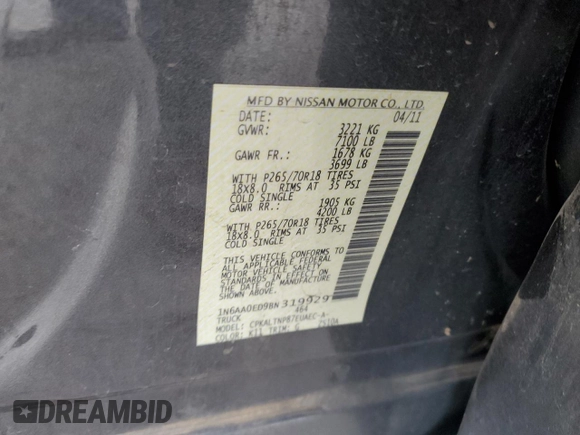 2011 Nissan Titan SV with VIN 1N6AA0ED9BN319929, listed as a Copart auction lot 45452305 with 173,358 mi miles and Salvage title. Bid and sale history available at DreamBid. Image 15.