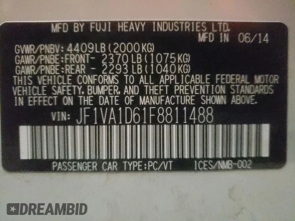 2015 Subaru WRX Premium with VIN JF1VA1D61F8811488, listed as a Copart auction lot 35754343 with 0 mi miles. Bid and sale history available at carsss.com. Image 12.