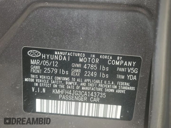 2012 Hyundai Azera with VIN KMHFH4JG3CA143735, listed as a Copart auction lot 52442055 with 108,708 mi miles and Salvage Title. Bid and sale history available at DreamBid. Image 13.