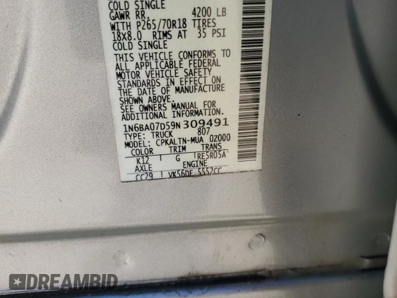 2009 Nissan Titan SE with VIN 1N6BA07D59N309491, listed as a Copart auction lot 88947185 with Not Provided miles and Salvage Title. Bid and sale history available at carsss.com. Image 12.