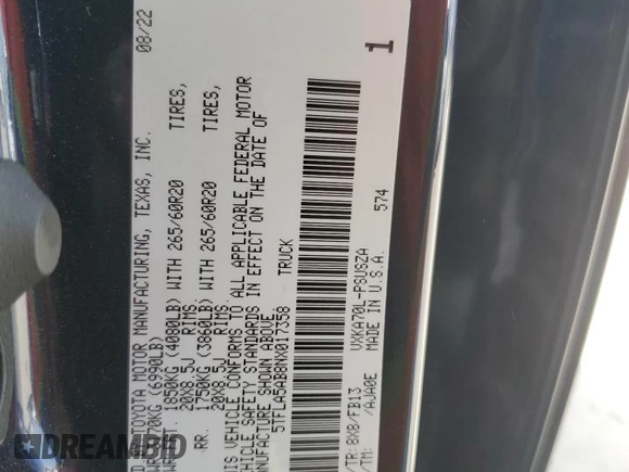 2022 Toyota Tundra 2WD SR5 with VIN 5TFLA5AB8NX017358, listed as a Copart auction lot 49499405 with 22,386 mi miles and Non Repairable. Bid and sale history available at carsss.com. Image 12.