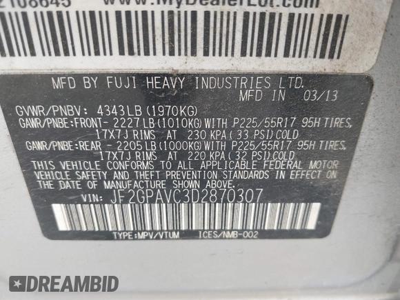 2013 Subaru Crosstrek Premium with VIN JF2GPAVC3D2870307, listed as a IAAI auction lot 42103284 with 166,085 mi miles and . Bid and sale history available at DreamBid. Image 9.