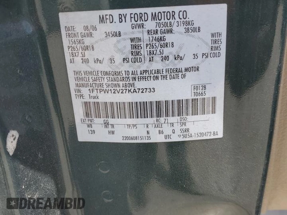 2007 Ford F-150 XLT with VIN 1FTPW12V27KA72733, listed as a Copart auction lot 54385085 with 160,676 mi miles and Salvage Title. Bid and sale history available at carsss.com. Image 12.