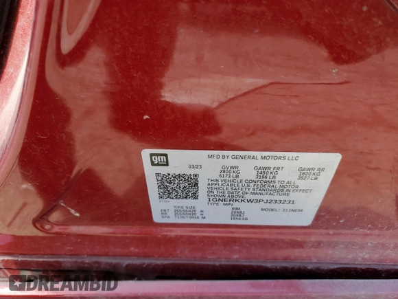 2023 Chevrolet Traverse Premier with VIN 1GNERKKW3PJ233231, listed as a Copart auction lot 53386585 with 33,075 mi miles and Salvage title. Bid and sale history available at DreamBid. Image 13.