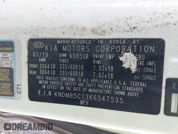 2019 Kia Sedona LX with VIN KNDMB5C13K6547535, listed as a IAAI auction lot 41430560 with 59,937 mi miles. Bid and sale history available at carsss.com. Image 9.
