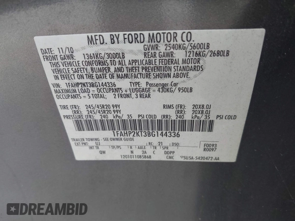 2011 Ford Taurus SHO with VIN 1FAHP2KT3BG144336, listed as a IAAI auction lot 42612624 with 201,182 mi miles and . Bid and sale history available at DreamBid. Image 9.
