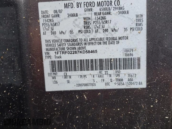 2007 Ford F-150 STX with VIN 1FTRF02287KD58465, listed as a Copart auction lot 88449925 with 0 mi miles and Salvage Title. Bid and sale history available at carsss.com. Image 13.