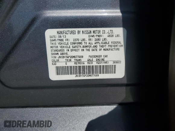 2014 Infiniti Q50 Premium with VIN JN1BV7AP2EM677469, listed as a Copart auction lot 61627125 with 106,670 mi miles and Salvage title. Bid and sale history available at DreamBid. Image 13.