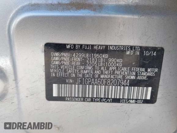 2015 Subaru Impreza 2.0i с VIN JF1GPAA60F8207944, выставлен на аукционе IAAI как лот 42140916 с пробегом 123 378 миль миль и . История ставок и продаж доступна на DreamBid. Изображение 9.