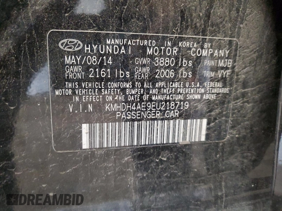 2014 Hyundai Elantra SE z VIN KMHDH4AE9EU218719, wystawiony jako Copart lot #57608475 z przebiegiem Nie podano mil oraz Szkoda całkowita • Salvage title. Historia ofert i sprzedaży dostępna na DreamBid. Obrazek 13.