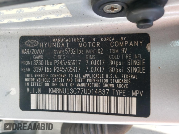2007 Hyundai Veracruz GLS with VIN KM8NU13C77U014837, listed as a Copart auction lot 58944245 with 184,140 mi miles and Salvage title. Bid and sale history available at DreamBid. Image 13.