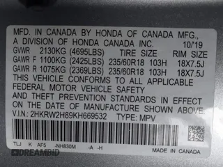 2019 Honda CR-V EX-L with VIN 2HKRW2H89KH669532, listed as a IAAI auction lot 41039943 with 103,252 mi miles. Bid and sale history available at carsss.com. Image 9.