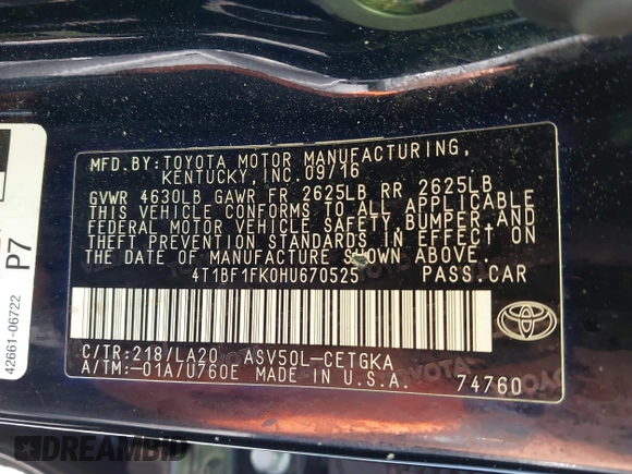 2017 Toyota Camry XLE z VIN 4T1BF1FK0HU670525, wystawiony jako IAAI lot #42277984 z przebiegiem 149 225 mil mil oraz . Historia ofert i sprzedaży dostępna na DreamBid. Obrazek 9.