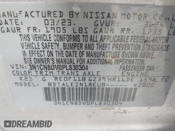 2023 Nissan Versa S с VIN 3N1CN8DV0PL830304, выставлен на аукционе IAAI как лот 42270511 с пробегом 30 173 миль миль и . История ставок и продаж доступна на DreamBid. Изображение 9.