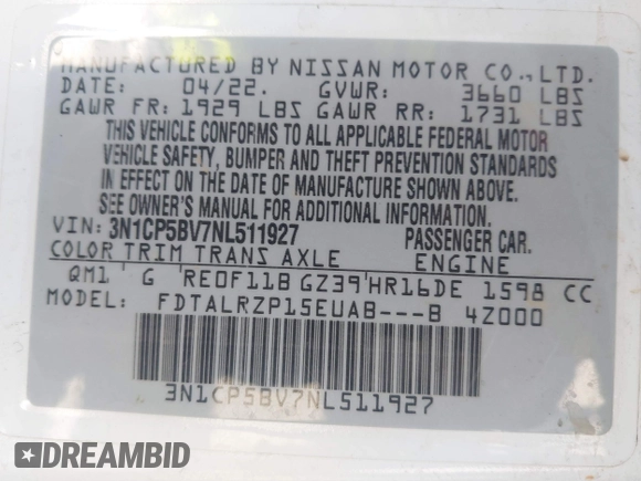 2022 Nissan Kicks S z VIN 3N1CP5BV7NL511927, wystawiony jako IAAI lot #42025240 z przebiegiem 47 444 mil mil oraz . Historia ofert i sprzedaży dostępna na DreamBid. Obrazek 9.