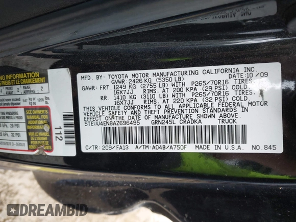 2010 Toyota Tacoma with VIN 5TEUU4EN8AZ696495, listed as a IAAI auction lot 41476399 with 141,396 mi miles and . Bid and sale history available at DreamBid. Image 9.